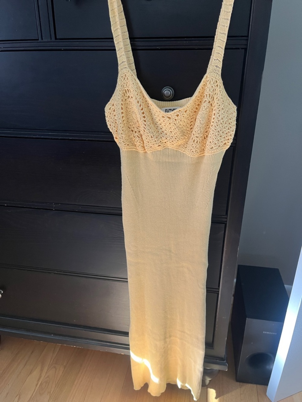 FITUNER Yellow Knit Midi Dress - Sleeveless Crochet Bodice